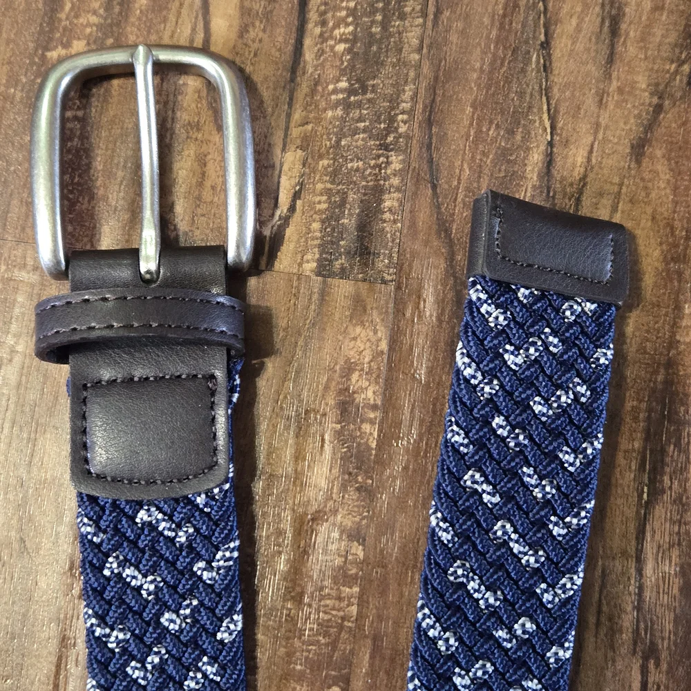 Stylish Woven Knit Navy Blue, White and Brown Men's Belt Stretch Braided Elastic